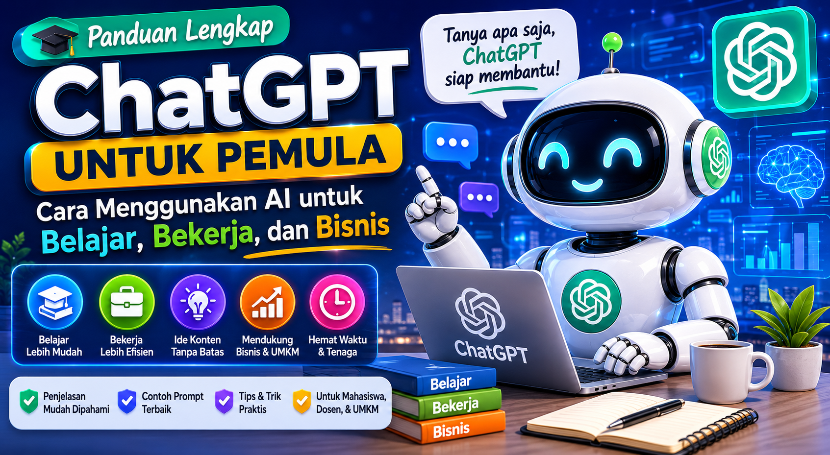 Ilustrasi ChatGPT untuk pemula yang menunjukkan penggunaan AI untuk belajar, bekerja, dan bisnis di era digital.