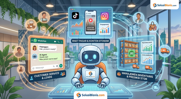 Ilustrasi AI Agent sebagai asisten digital UMKM Indonesia untuk otomatisasi layanan pelanggan WhatsApp, riset konten media sosial, dan manajemen stok gudang.