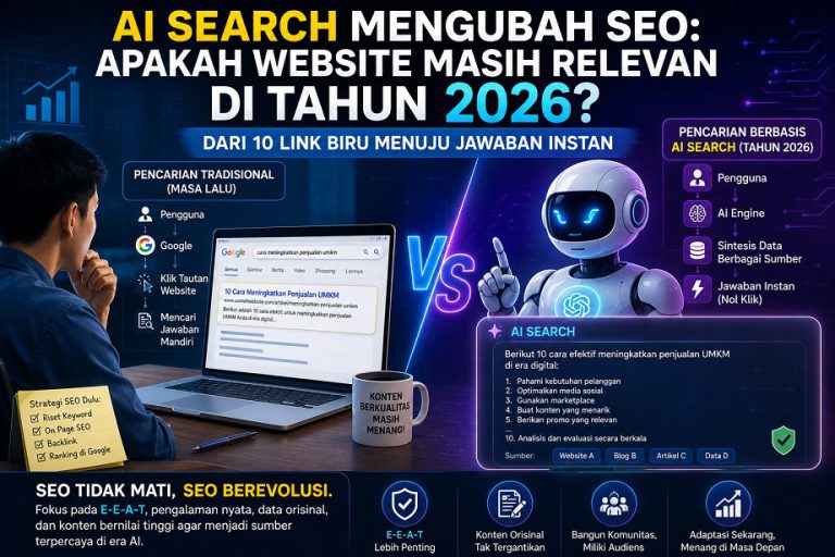 Ilustrasi perbandingan pencarian tradisional Google dengan AI Search yang memberikan jawaban instan dan dampaknya terhadap SEO serta masa depan website pada tahun 2026.