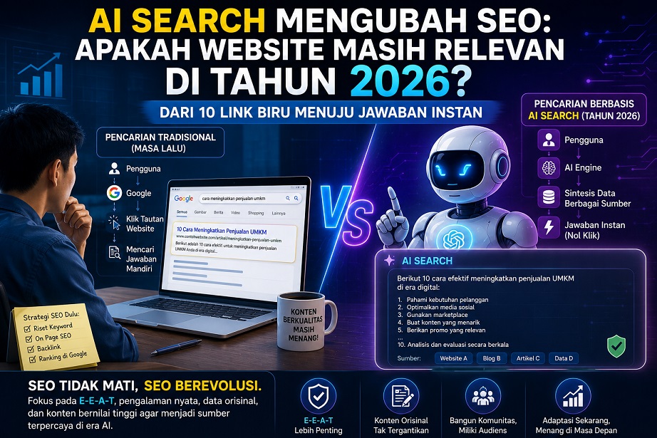 Ilustrasi perbandingan pencarian tradisional Google dengan AI Search yang memberikan jawaban instan dan dampaknya terhadap SEO serta masa depan website pada tahun 2026.
