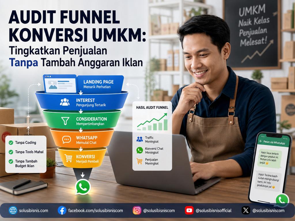 Infografis sederhana audit funnel konversi UMKM dari landing page ke WhatsApp