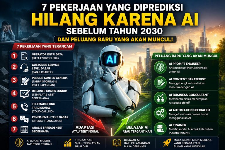 Ilustrasi kecerdasan buatan (AI) yang menunjukkan tujuh pekerjaan yang berisiko tergantikan oleh otomatisasi sebelum tahun 2030 serta peluang karier baru di era AI.