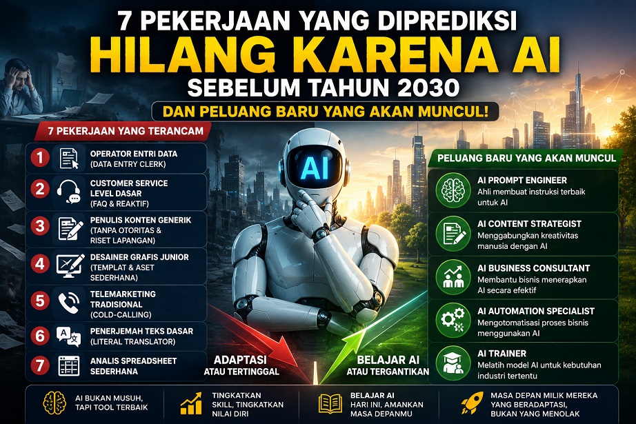 Ilustrasi kecerdasan buatan (AI) yang menunjukkan tujuh pekerjaan yang berisiko tergantikan oleh otomatisasi sebelum tahun 2030 serta peluang karier baru di era AI.