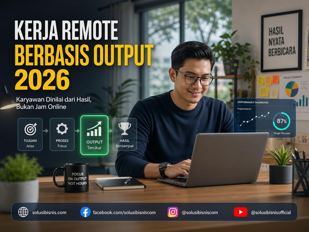 Ilustrasi kerja remote berbasis output dengan fokus pada hasil kerja dan produktivitas