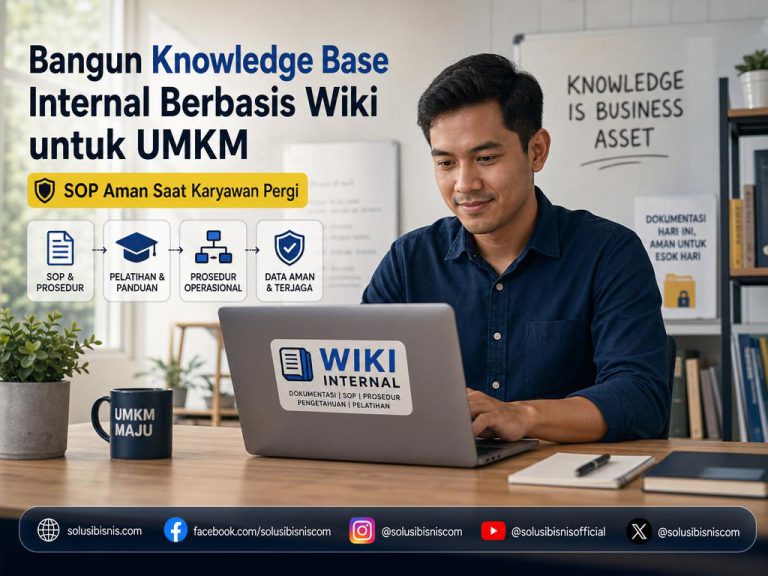Ilustrasi knowledge base internal berbasis wiki untuk UMKM dengan antarmuka sederhana dan ikon SOP, dokumentasi, dan kolaborasi tim