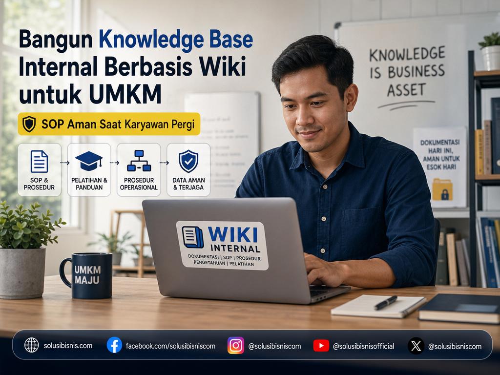 Ilustrasi knowledge base internal berbasis wiki untuk UMKM dengan antarmuka sederhana dan ikon SOP, dokumentasi, dan kolaborasi tim