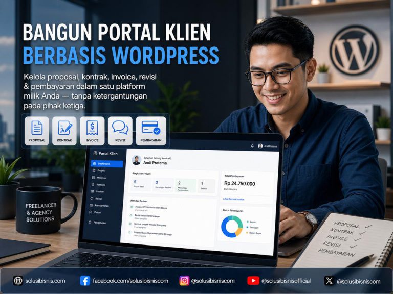 Ilustrasi portal klien berbasis WordPress untuk freelancer dan agensi dengan fitur proposal, kontrak, invoice, revisi, dan pembayaran