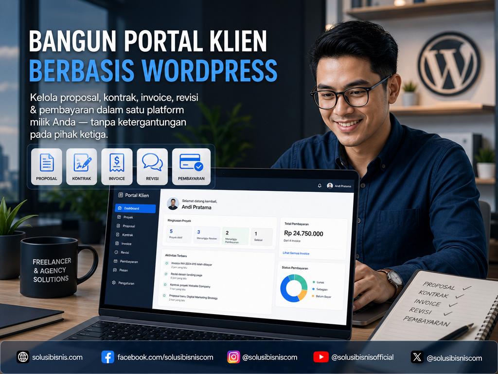 Ilustrasi portal klien berbasis WordPress untuk freelancer dan agensi dengan fitur proposal, kontrak, invoice, revisi, dan pembayaran