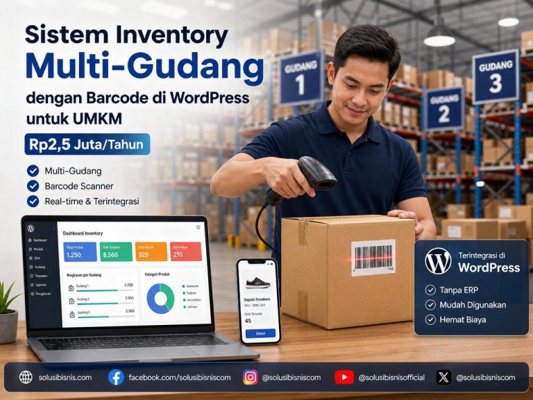 dashboard sistem inventory multi-gudang terintegrasi dengan barcode di WordPress untuk UMKM