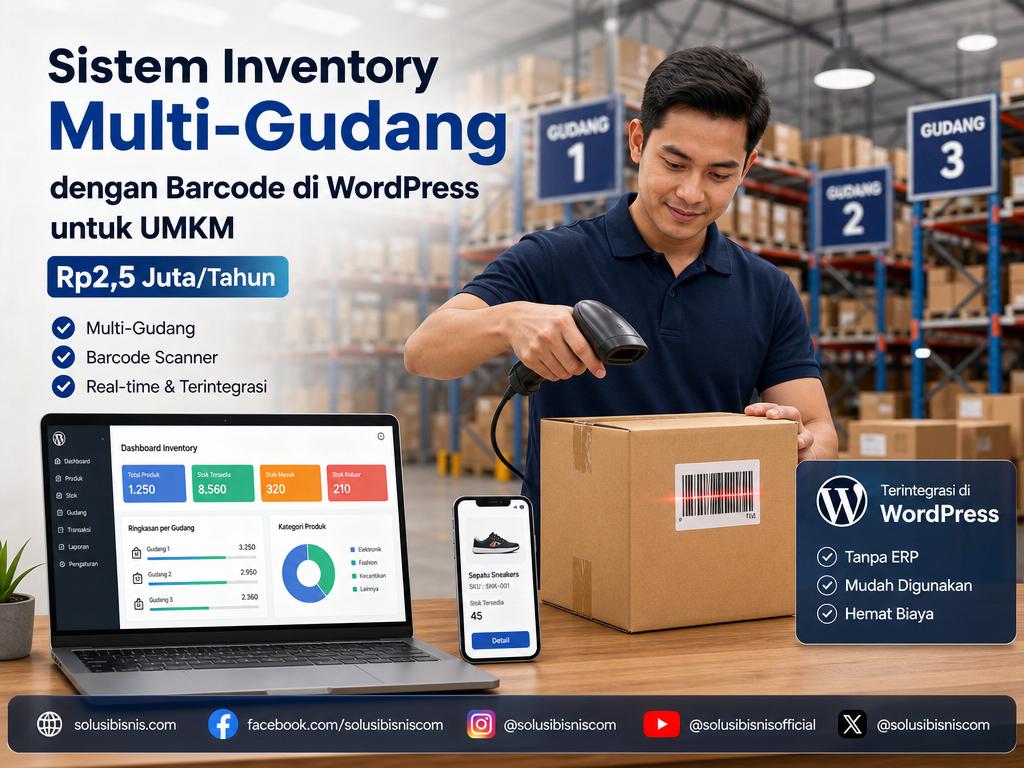 dashboard sistem inventory multi-gudang terintegrasi dengan barcode di WordPress untuk UMKM