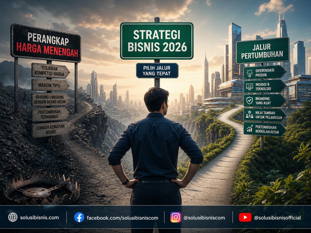 Ilustrasi perangkap harga menengah dalam strategi bisnis 2026 untuk brand lokal