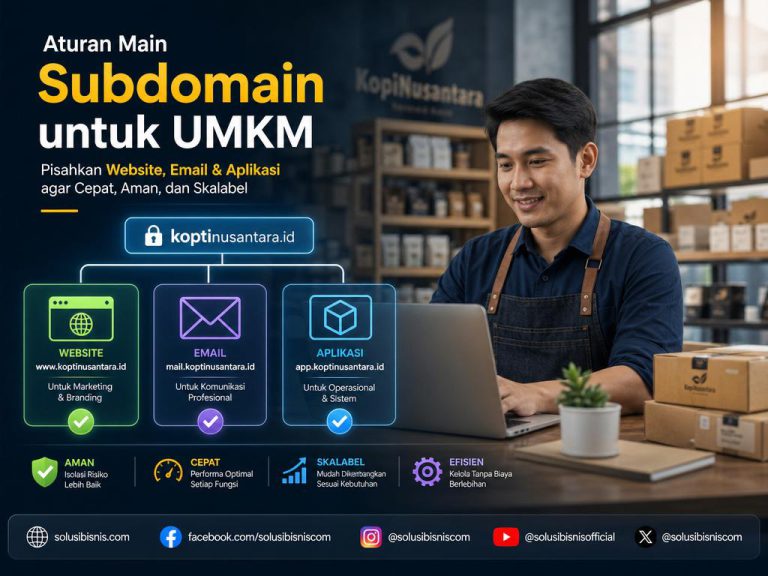 Ilustrasi subdomain untuk UMKM: website, email, dan aplikasi terpisah di bawah satu domain utama