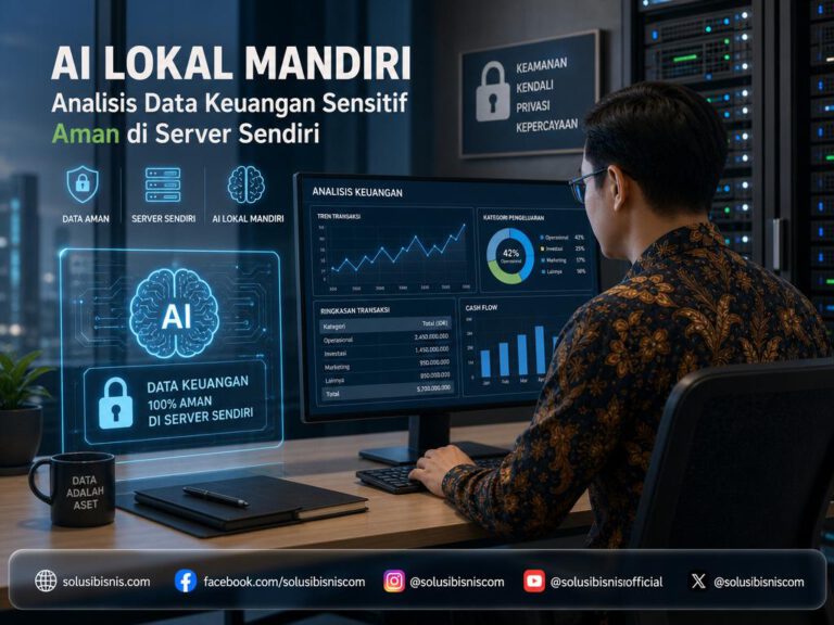 Ilustrasi keamanan data dan analisis laporan keuangan sensitif menggunakan AI lokal mandiri di server internal perusahaan.