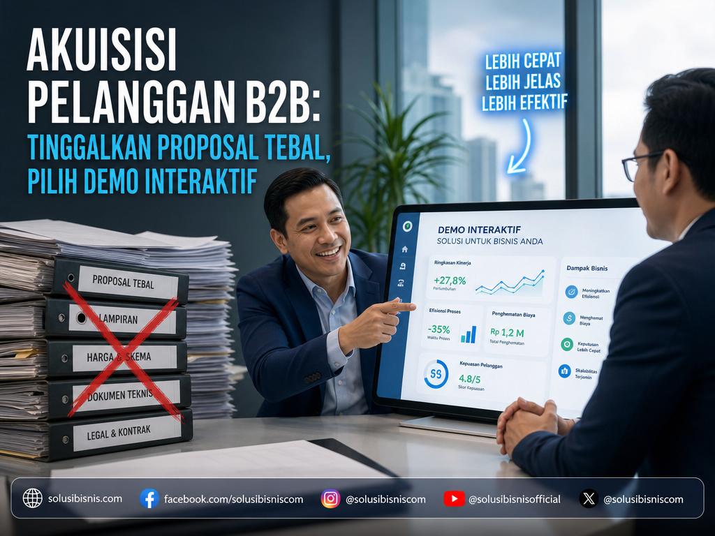 Ilustrasi perbandingan proposal tebal yang diabaikan dan demo interaktif efektif untuk strategi akuisisi pelanggan B2B modern.