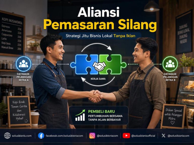 Ilustrasi aliansi pemasaran silang antar bisnis lokal untuk mendapatkan pelanggan baru tanpa biaya iklan.