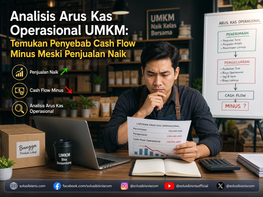 Infografis sederhana arus kas operasional UMKM menunjukkan aliran uang masuk dan keluar dari aktivitas inti bisnis