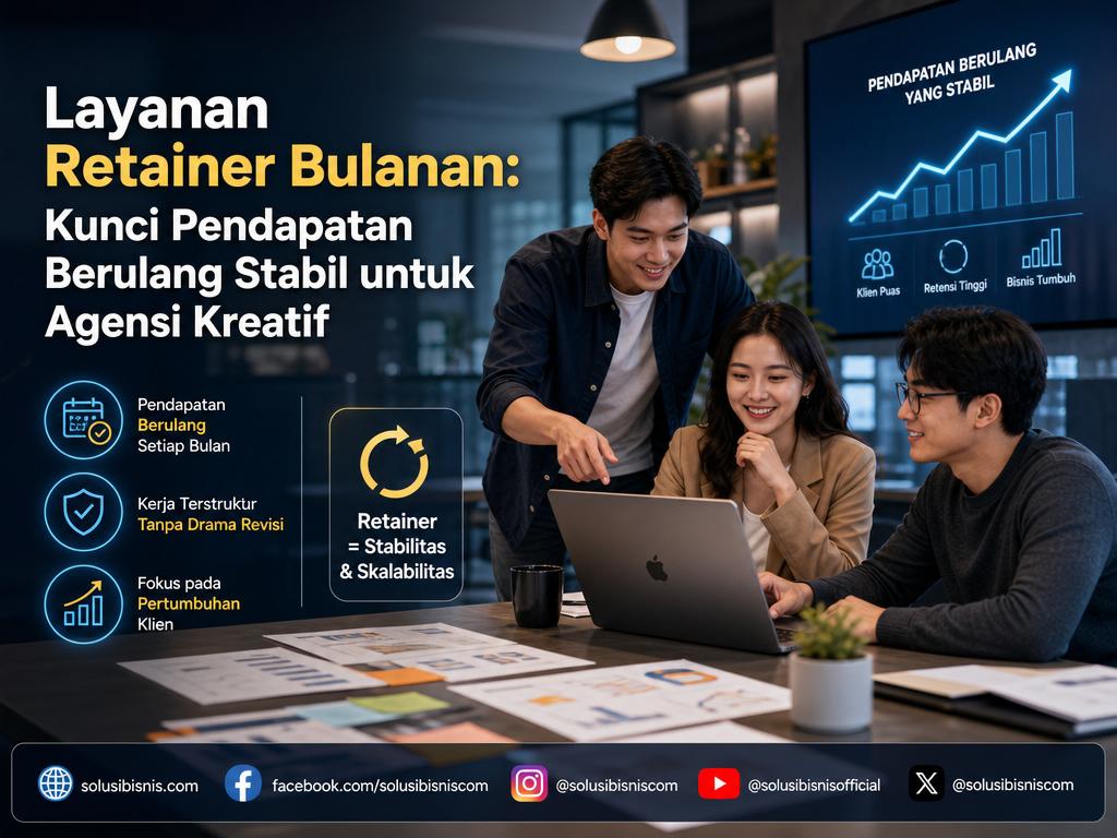 Ilustrasi grafik pendapatan stabil dari layanan retainer bulanan untuk agensi kreatif & freelancer