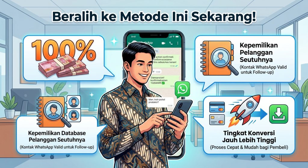 Beralih ke metode baru: keuntungan 100%, kepemilikan database WhatsApp pelanggan, dan tingkat konversi lebih tinggi