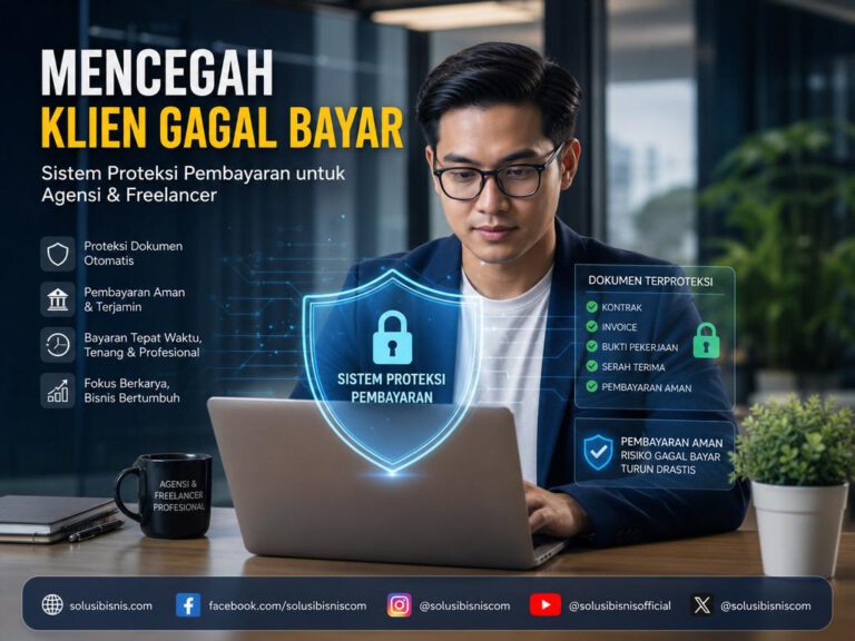 Ilustrasi freelancer atau agensi yang berhasil mencegah klien gagal bayar dengan sistem proteksi pembayaran dan workflow otomatis.