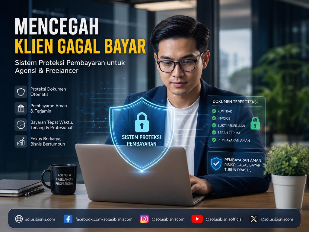 Ilustrasi freelancer atau agensi yang berhasil mencegah klien gagal bayar dengan sistem proteksi pembayaran dan workflow otomatis.