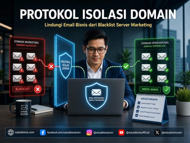 Ilustrasi email penting masuk spam dan bagaimana Protokol Isolasi Domain dapat melindungi email operasional bisnis dari blacklist.