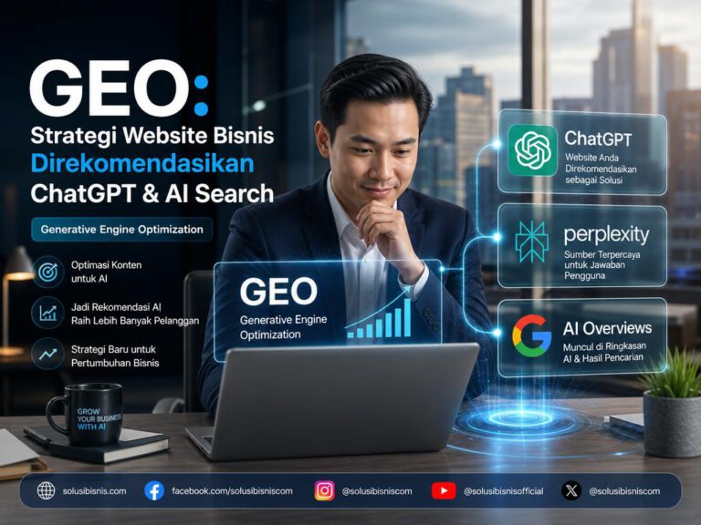 Ilustrasi website bisnis yang direkomendasikan oleh AI seperti ChatGPT, menunjukkan pentingnya Generative Engine Optimization untuk visibilitas.
