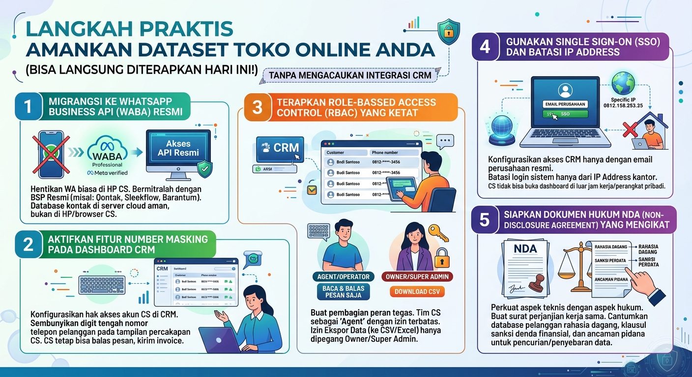 Infografis 5 langkah amankan dataset toko online: migrasi ke WABA resmi, number