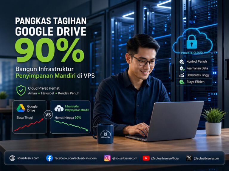 Ilustrasi infrastruktur penyimpanan mandiri di VPS untuk menghemat biaya Google Drive per user bagi bisnis digital dan UMKM.