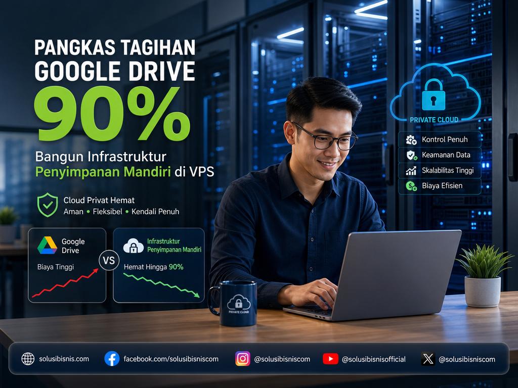 Ilustrasi infrastruktur penyimpanan mandiri di VPS untuk menghemat biaya Google Drive per user bagi bisnis digital dan UMKM.