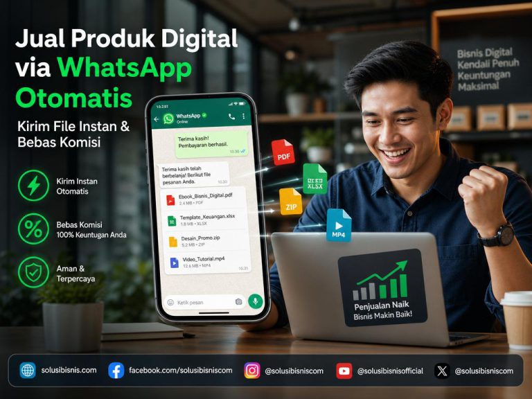 Ilustrasi cara jual produk digital via WhatsApp otomatis, menampilkan proses pengiriman file instan tanpa potongan komisi.
