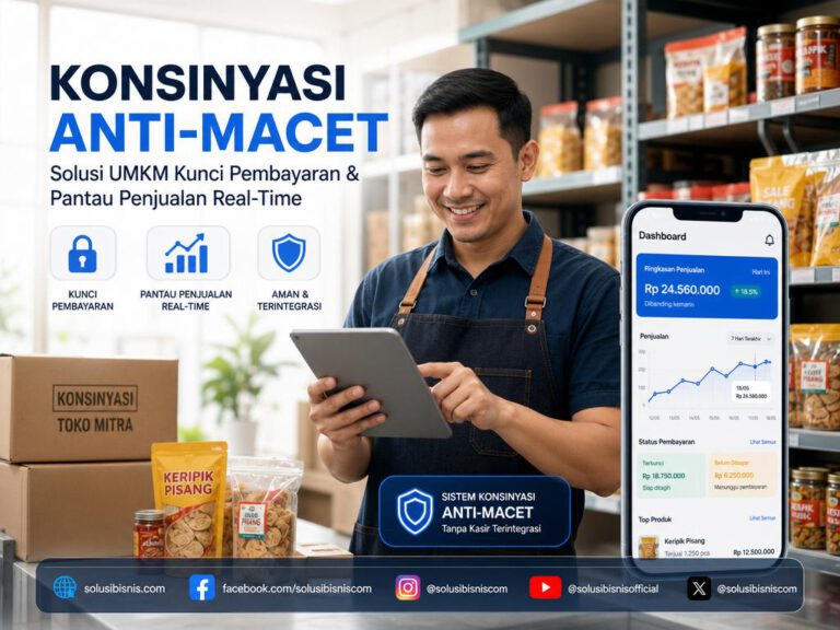 Produsen UMKM memantau stok dan penjualan produk konsinyasi di toko mitra menggunakan sistem konsinyasi anti-macet yang aman.