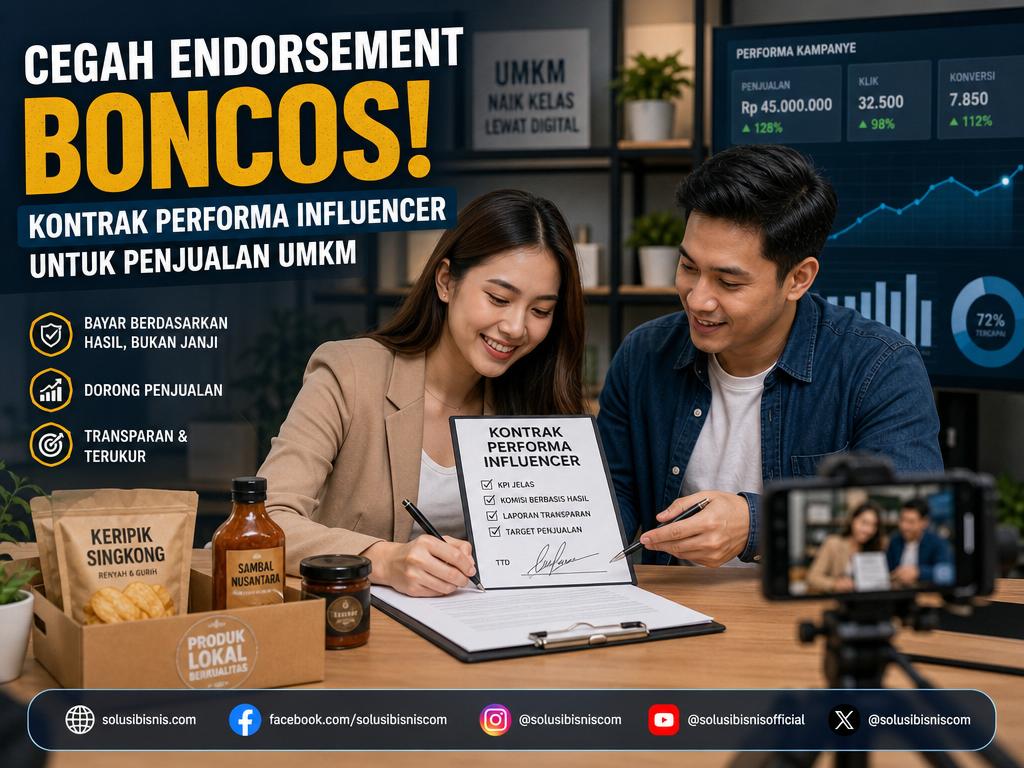 Ilustrasi brand lokal membuat kontrak performa influencer untuk meningkatkan penjualan UMKM dan mencegah endorsement boncos.
