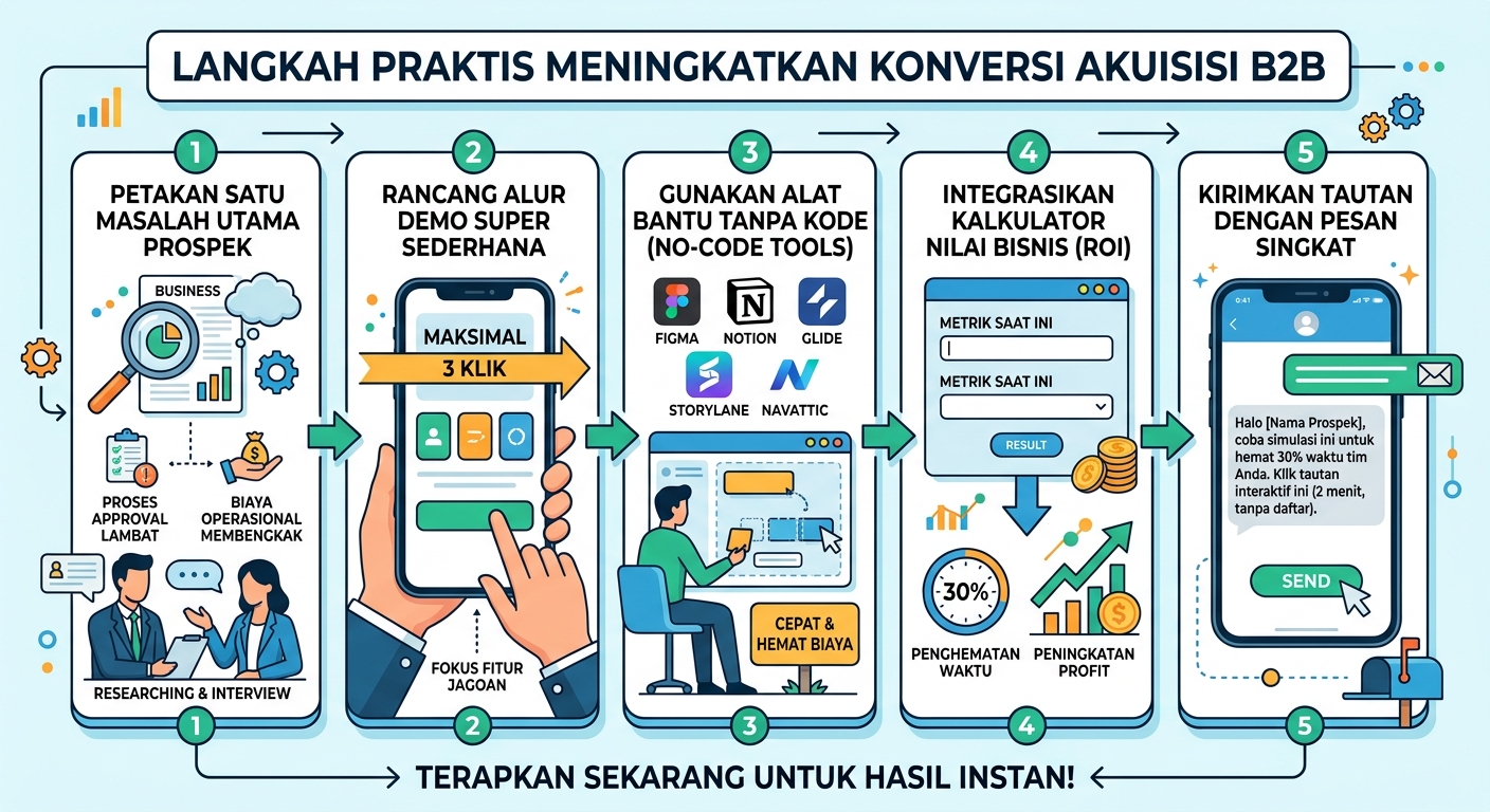 Langkah meningkatkan konversi akuisisi B2B: petakan masalah, demo simpel, alat