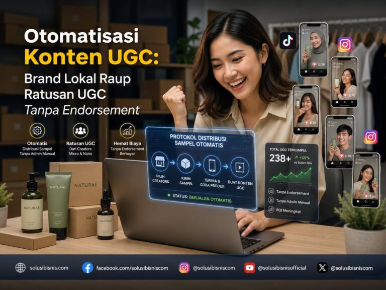 Ilustrasi proses otomatisasi konten UGC untuk brand lokal, menampilkan bot mendistribusikan sampel produk dan menghasilkan review di media sosial.