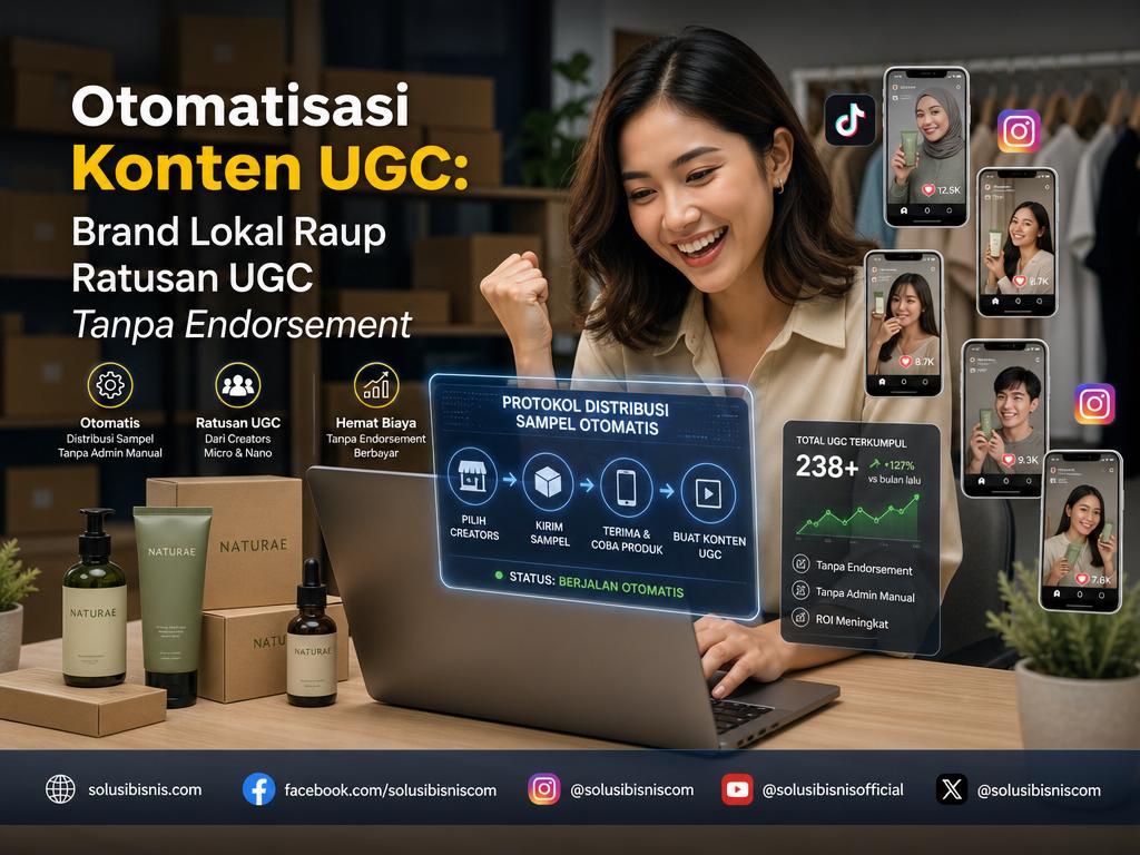 Ilustrasi proses otomatisasi konten UGC untuk brand lokal, menampilkan bot mendistribusikan sampel produk dan menghasilkan review di media sosial.