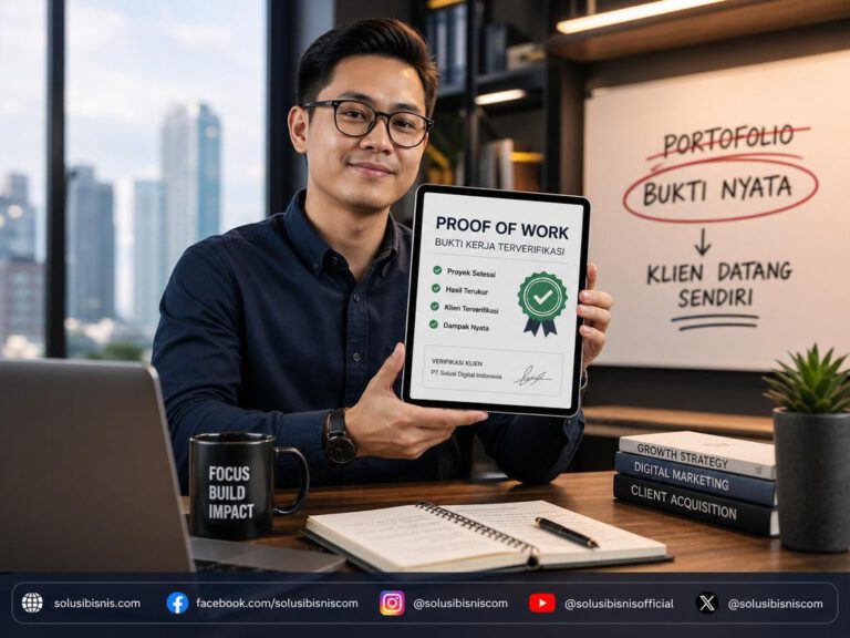 Ilustrasi visual proof of work: dokumen laporan hasil kerja, screenshot testimoni dengan data omset, dan rekaman screen-sharing solusi