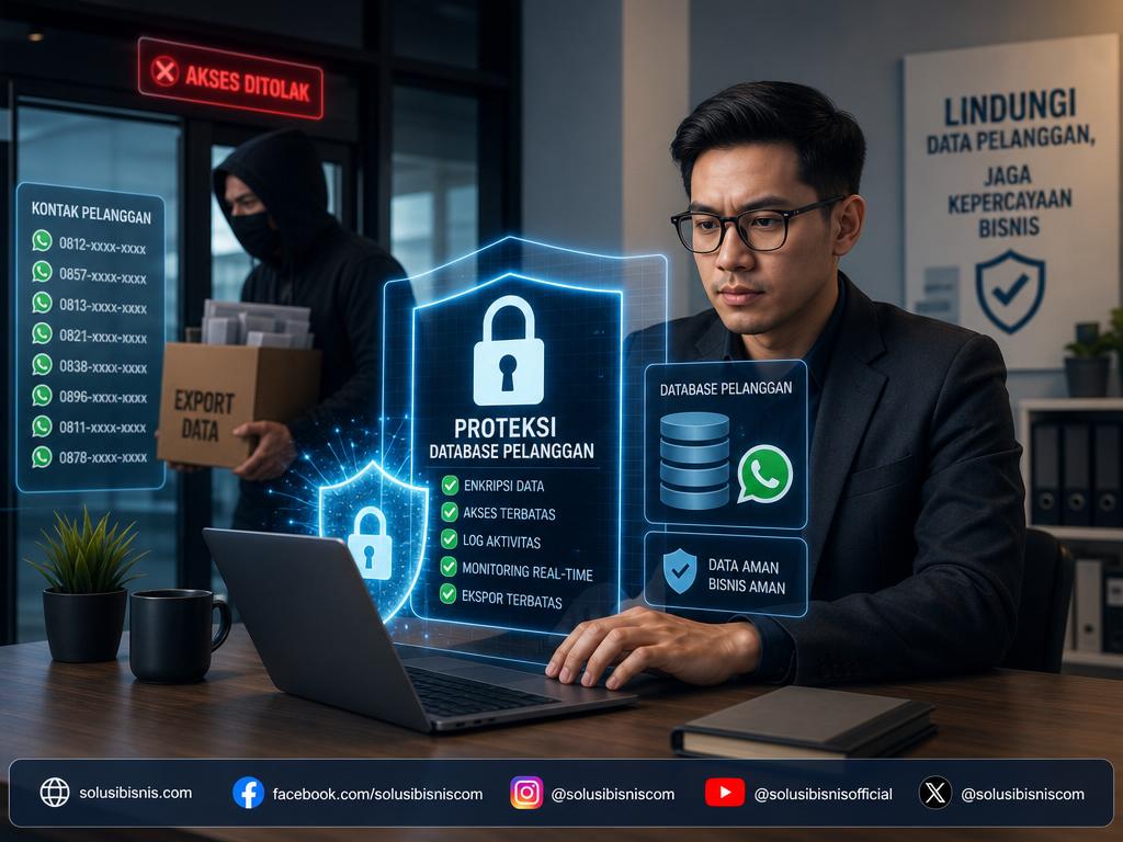 Ilustrasi keamanan data dan proteksi database pelanggan untuk mencegah pencurian kontak WhatsApp oleh mantan admin.