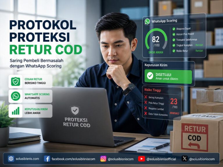 Ilustrasi protokol proteksi retur COD dengan sistem scoring WhatsApp untuk menyaring pembeli bermasalah dan mencegah kerugian.