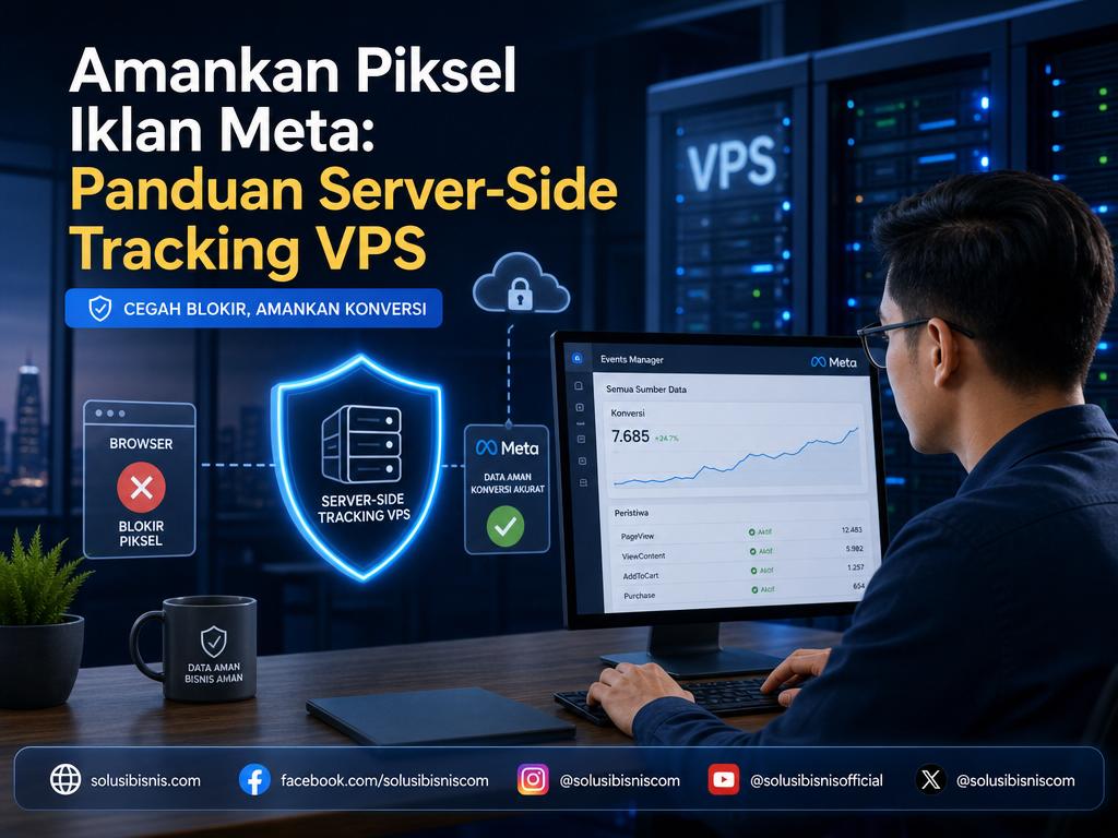 Ilustrasi Server-Side Tracking VPS yang mengamankan piksel iklan Meta dan data konversi dari pemblokiran Business Manager.