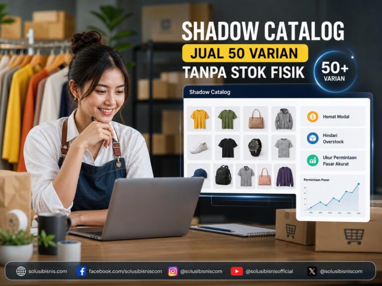 Ilustrasi shadow catalog untuk UMKM: katalog digital menampilkan banyak varian produk tanpa stok fisik di gudang