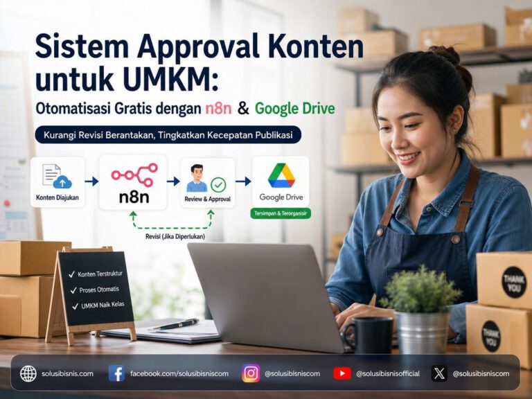 Diagram alur sistem approval konten untuk UMKM menggunakan n8n dan Google Drive
