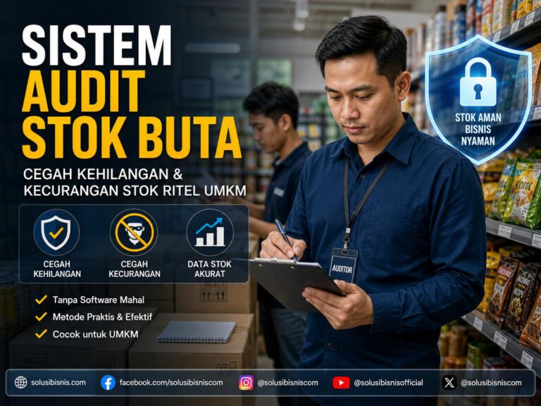Ilustrasi staf toko melakukan sistem audit stok buta untuk mencegah kehilangan barang dan kecurangan internal di gudang ritel.