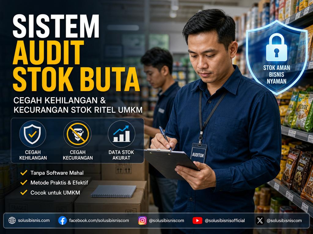 Ilustrasi staf toko melakukan sistem audit stok buta untuk mencegah kehilangan barang dan kecurangan internal di gudang ritel.