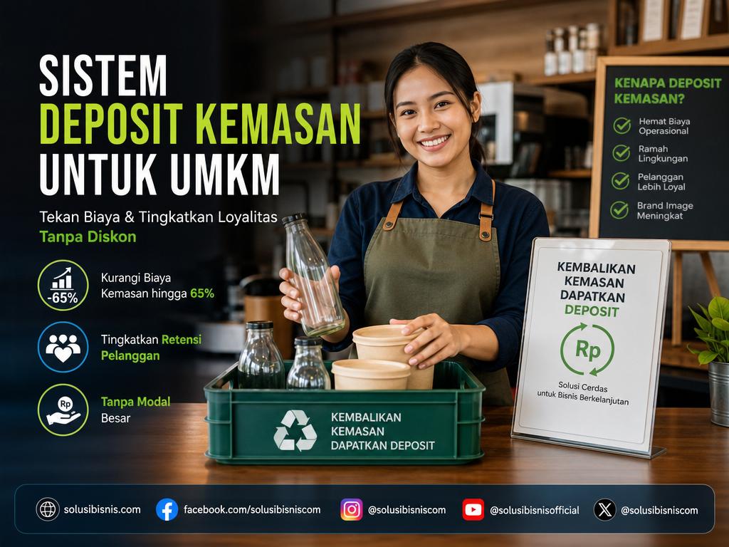 Ilustrasi sistem deposit kemasan untuk UMKM dengan botol berlogo merek dan ikon pengembalian uang