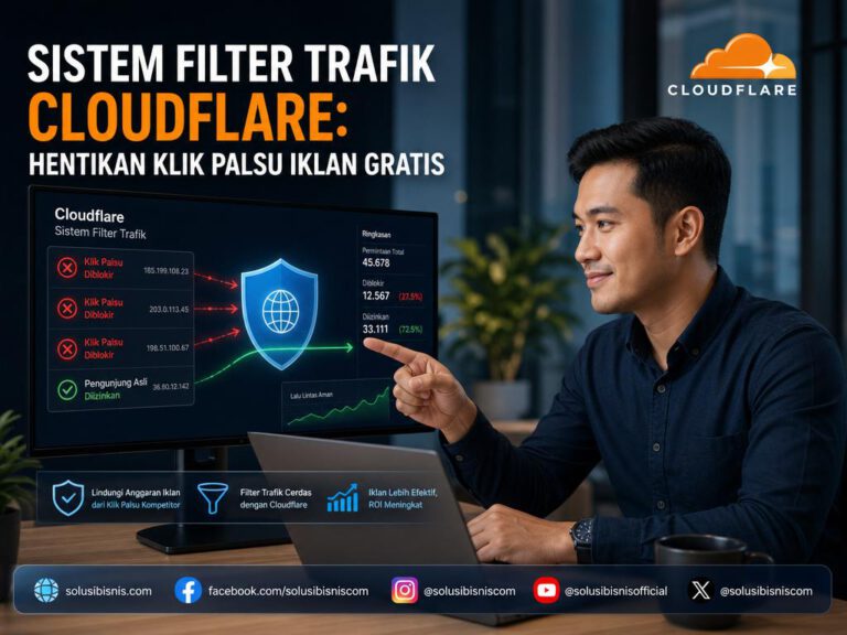 Ilustrasi melindungi website dari serangan klik palsu kompetitor menggunakan Sistem Filter Trafik Cloudflare.