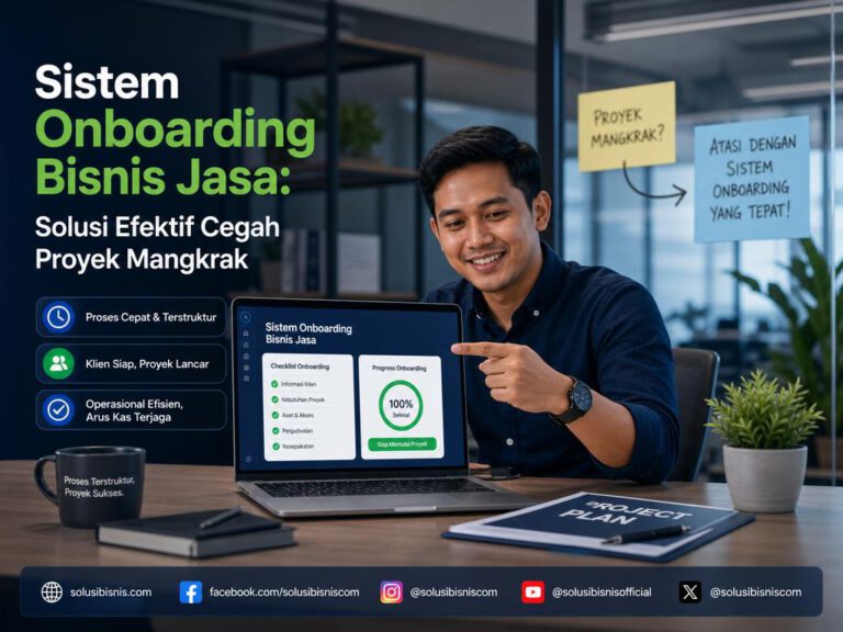Seorang pebisnis jasa sedang memikirkan strategi sistem onboarding bisnis jasa untuk mencegah proyek mangkrak.