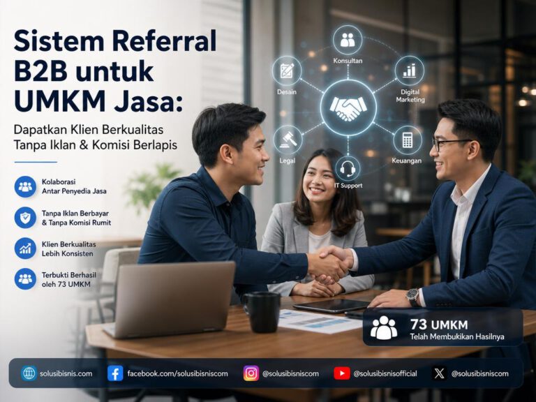Ilustrasi sistem referral B2B untuk UMKM jasa: dua profesional saling merekomendasikan layanan secara kolaboratif