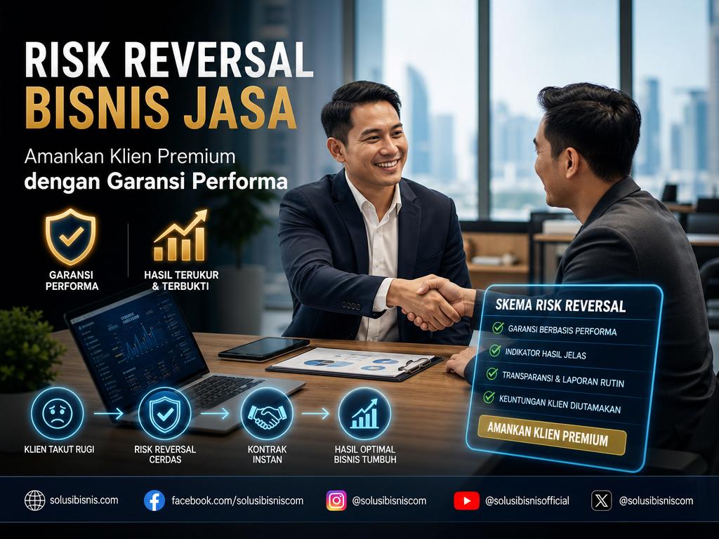 Ilustrasi freelancer sukses melakukan negosiasi, mengamankan klien premium dengan skema risk reversal bisnis jasa yang cerdas.