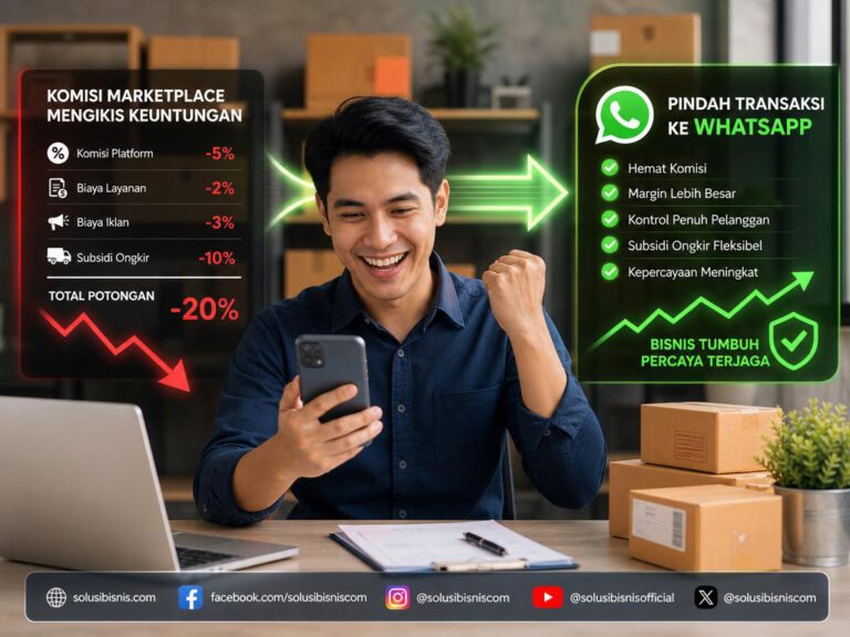 Ilustrasi penjual UMKM memantau transaksi pelanggan dan mengoptimalkan keuntungan dengan strategi pindah transaksi marketplace ke WhatsApp.
