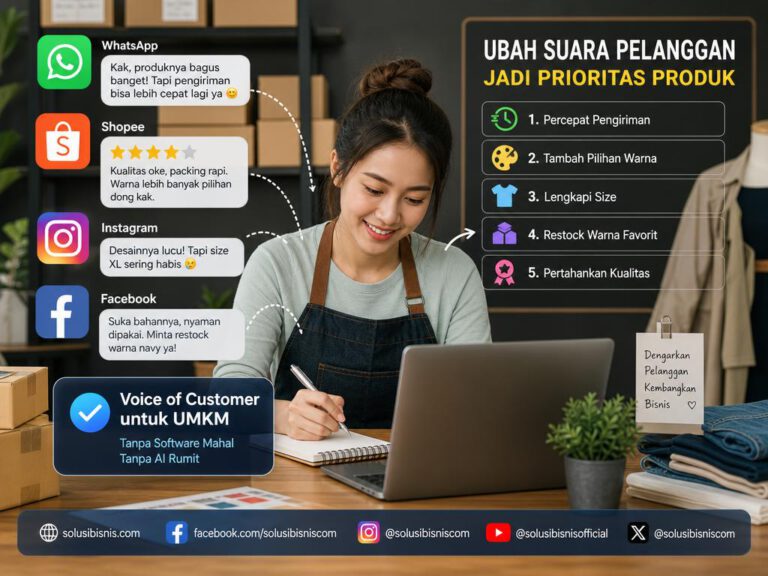 Infografis sederhana cara voice of customer untuk UMKM dari chat WhatsApp, ulasan marketplace, dan komentar media sosial